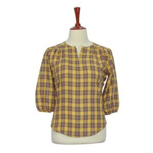 Womens Blouse Yellow Blue Plaid 3/4 Sleeve V-Neck Relaxed Loose Casual Top Large